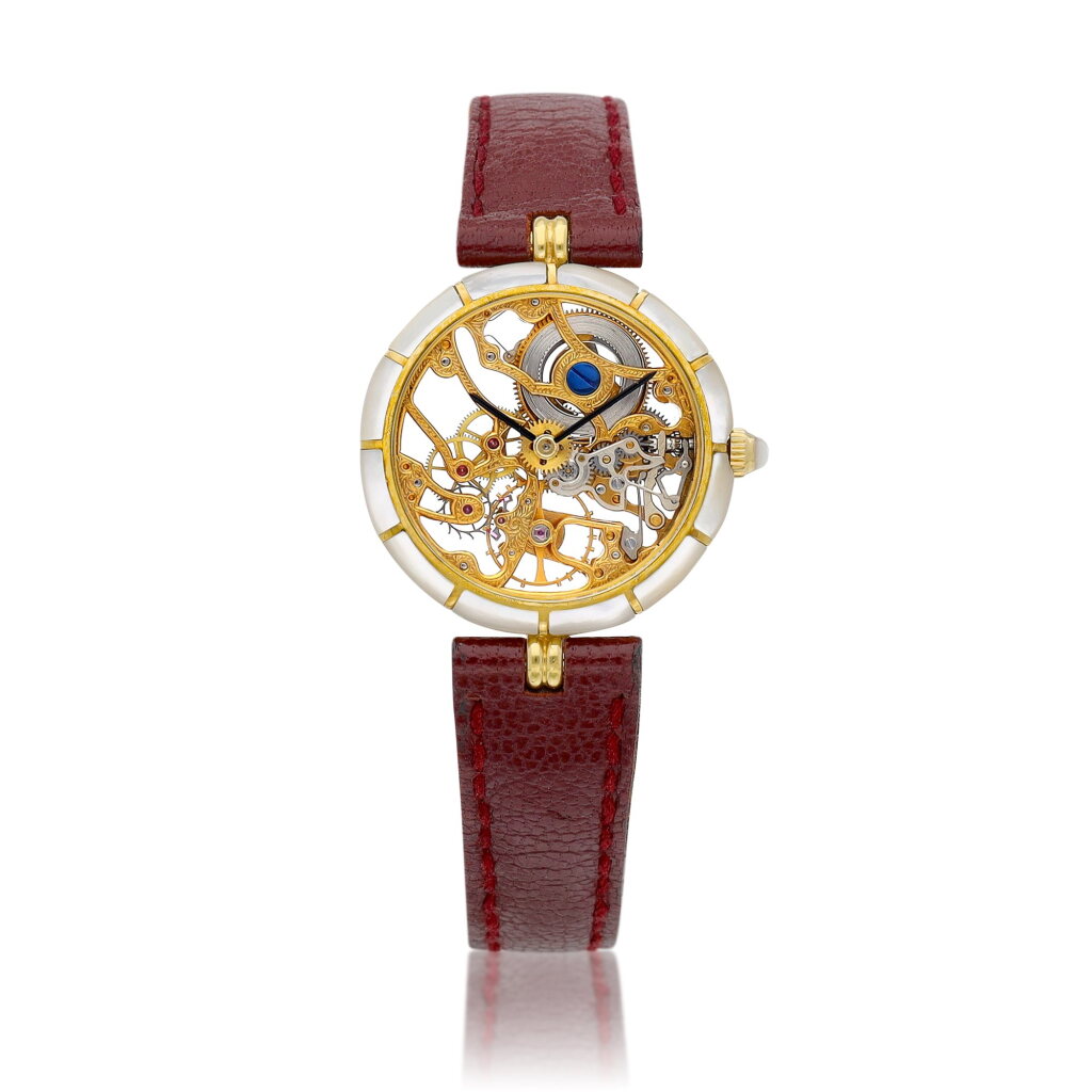 View full screen - View 1 of Lot 8104. Reference G2272 | A yellow gold skeletonised wristwatch with mother-of-pearl bezel, Circa 1980 | 型號G2272 | 黃金鏤空腕錶,備珠母貝錶圈,約1980年製.