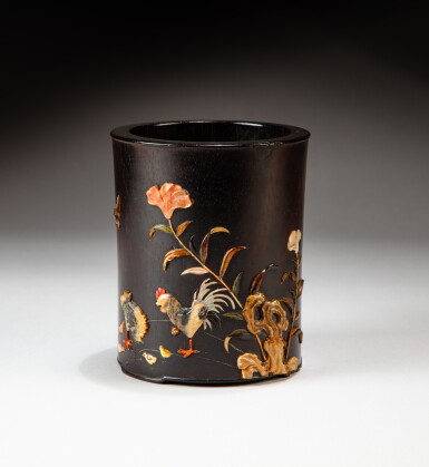 View full screen - View 1 of Lot 70. A 'zitan' hardstone embellished 'chicken and flowers' brushpot, Qing dynasty, 18th - 19th century, with later inlaid decoration | 清十八至十九世紀 紫檀嵌石公雞花卉紋筆筒 嵌飾後配.