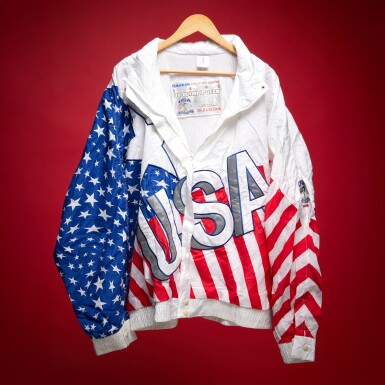 View full screen - View 1 of Lot 16. Scottie Pippen Gold Medal Ceremony Worn 1992 Olympics ‘Dream Team’ Jacket | Pinned to Cover Reebok Logo.