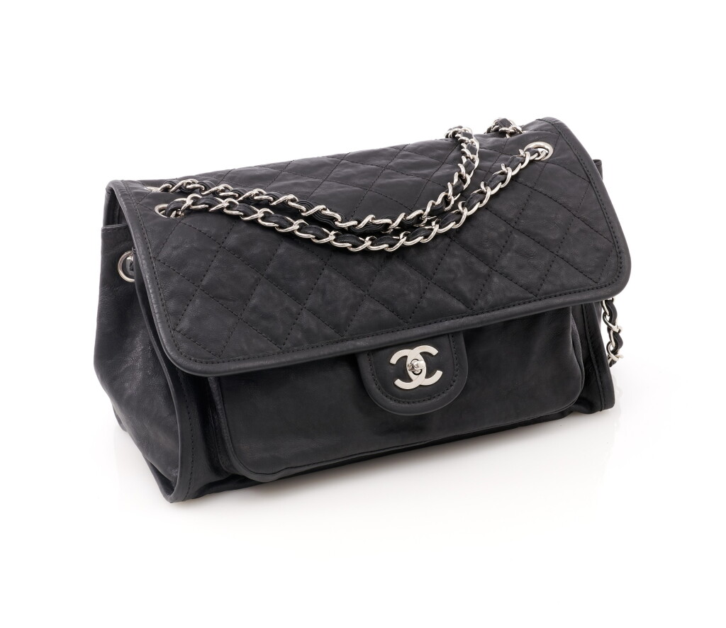 View full screen - View 1 of Lot 142. Black opaque leather and silver-tone metal shoulder bag.
