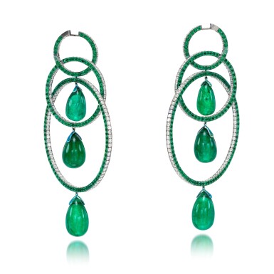 View full screen - View 1 of Lot 1023. Pair of titanium, diamond and emerald earrings .
