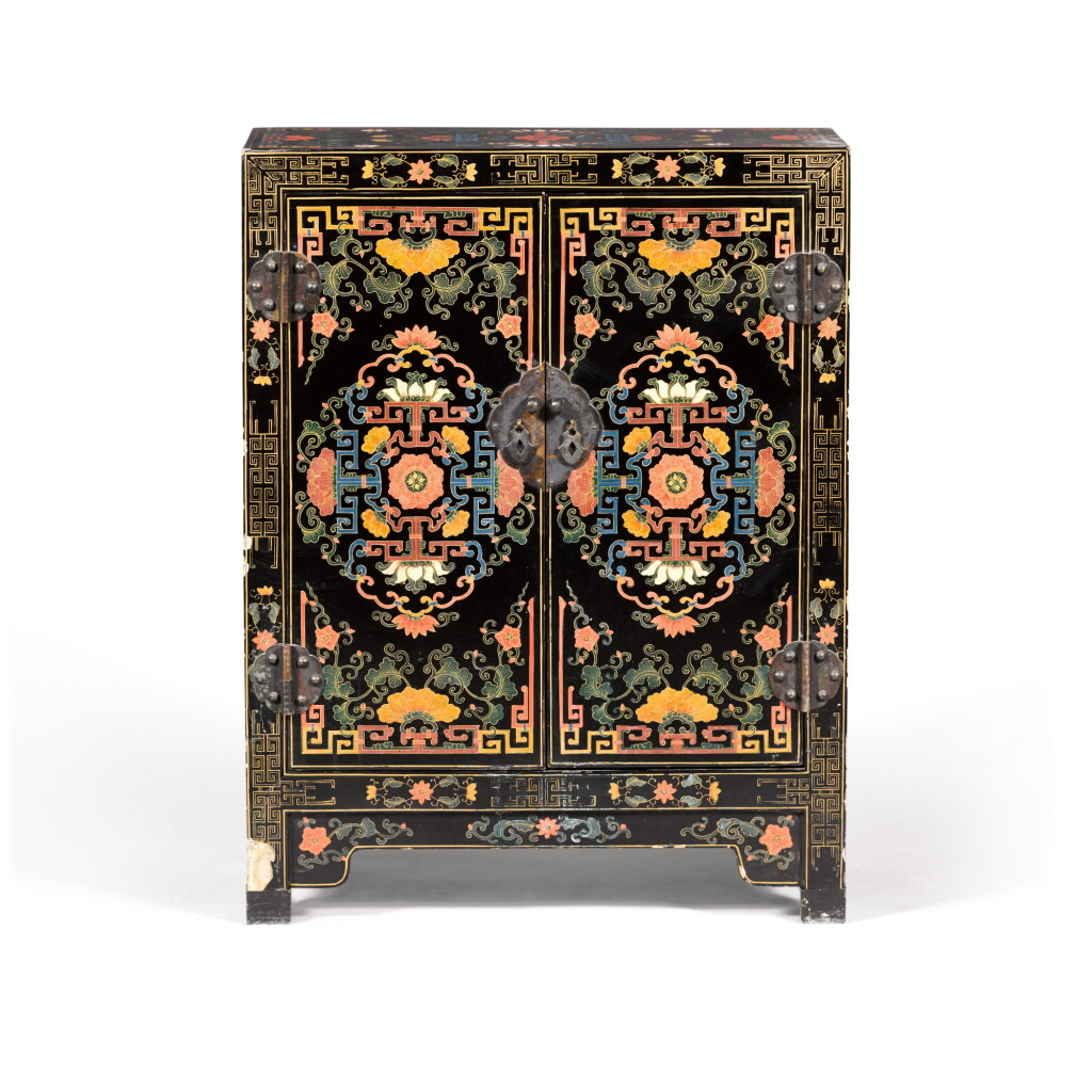 View full screen - View 1 of Lot 1551. A black lacquer and painted cabinet, 20th century.