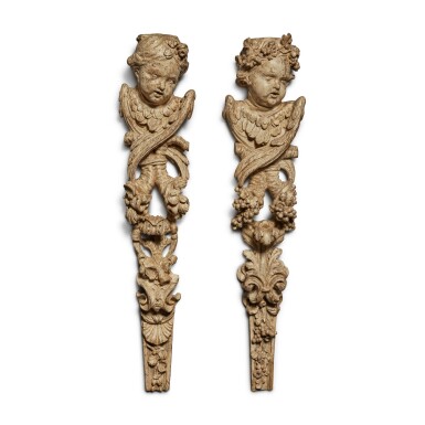 View full screen - View 1 of Lot 138. A Pair of English Baroque Carved and White Painted Oak Wall Carvings, Late 17th Century.