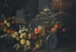 JAN PAUL GILLEMANS THE ELDER | A GARLAND OF FRUIT BEFORE CLASSICAL RUINS, WITH A FOUNTAIN AND A SOUTHERN LANDSCAPE BEYOND
