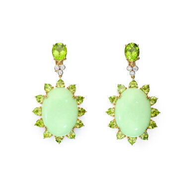 View full screen - View 1 of Lot 5. Pair of 18 Karat Yellow Gold, Chrysoprase, Peridot and Diamond Earclips.
