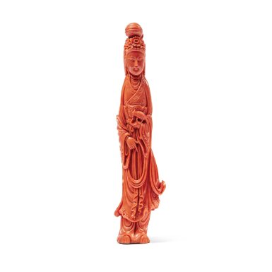 View full screen - View 1 of Lot 666. A carved coral figure of a meiren, 19th / 20th century | 十九 / 二十世紀 紅珊瑚雕美人立像.