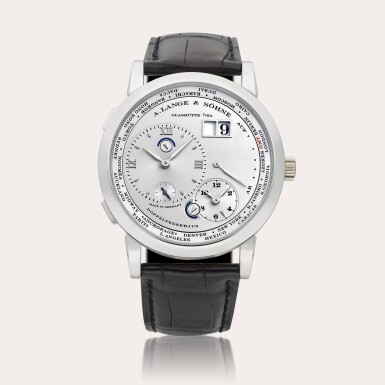 View full screen - View 1 of Lot 2230. Lange 1 Time Zone, Reference 116.025 A platinum world time wristwatch with date, power reserve and day and night indication, Circa 2009 | 朗格 | LANGE 1 TIME ZONE 型號116.025 | 鉑金世界時間腕錶,備日期、動力儲備及晝夜顯示,約2009年製.
