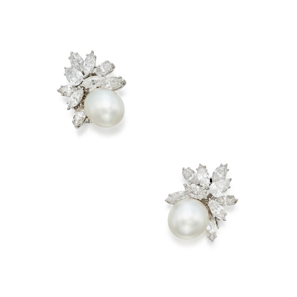 View full screen - View 1 of Lot 82. Pair of Cultured Pearl and Diamond Earclips.