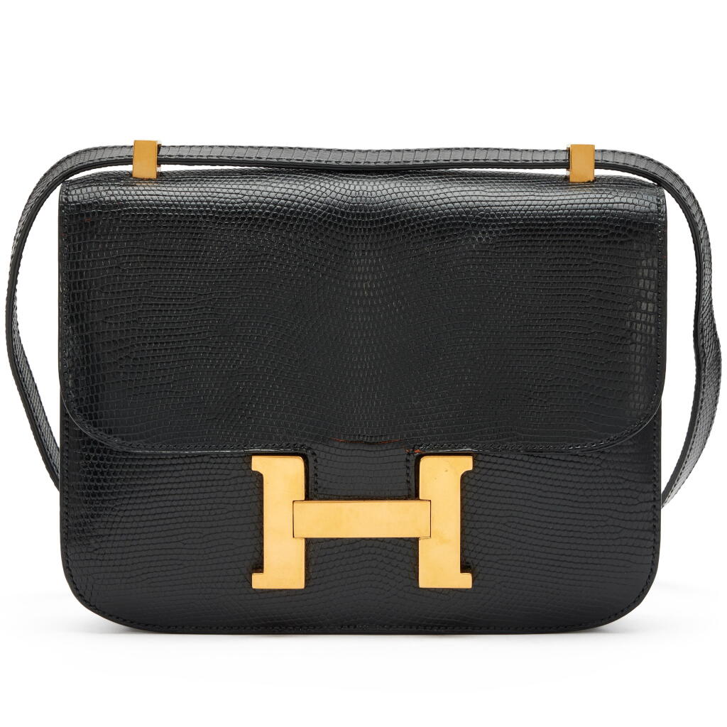 View full screen - View 1 of Lot 67. Vintage Black Shiny Lizard Constance 23 Gold Hardware, 1960s.