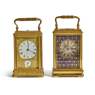 View full screen - View 1 of Lot 408. Two French Champlevé Enamel Brass Repeating Carriage Clocks, Late 19th Century.