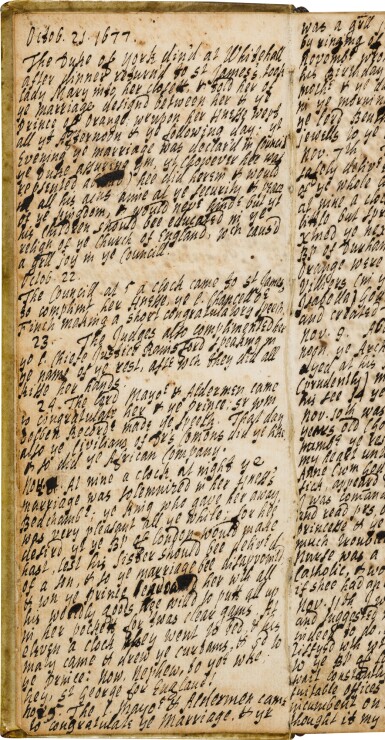 View full screen - View 1 of Lot 108. Rev. Edward Lake | Autograph manuscript diary, recounting the marriage of Mary to the Prince of Orange, 1677-1678.