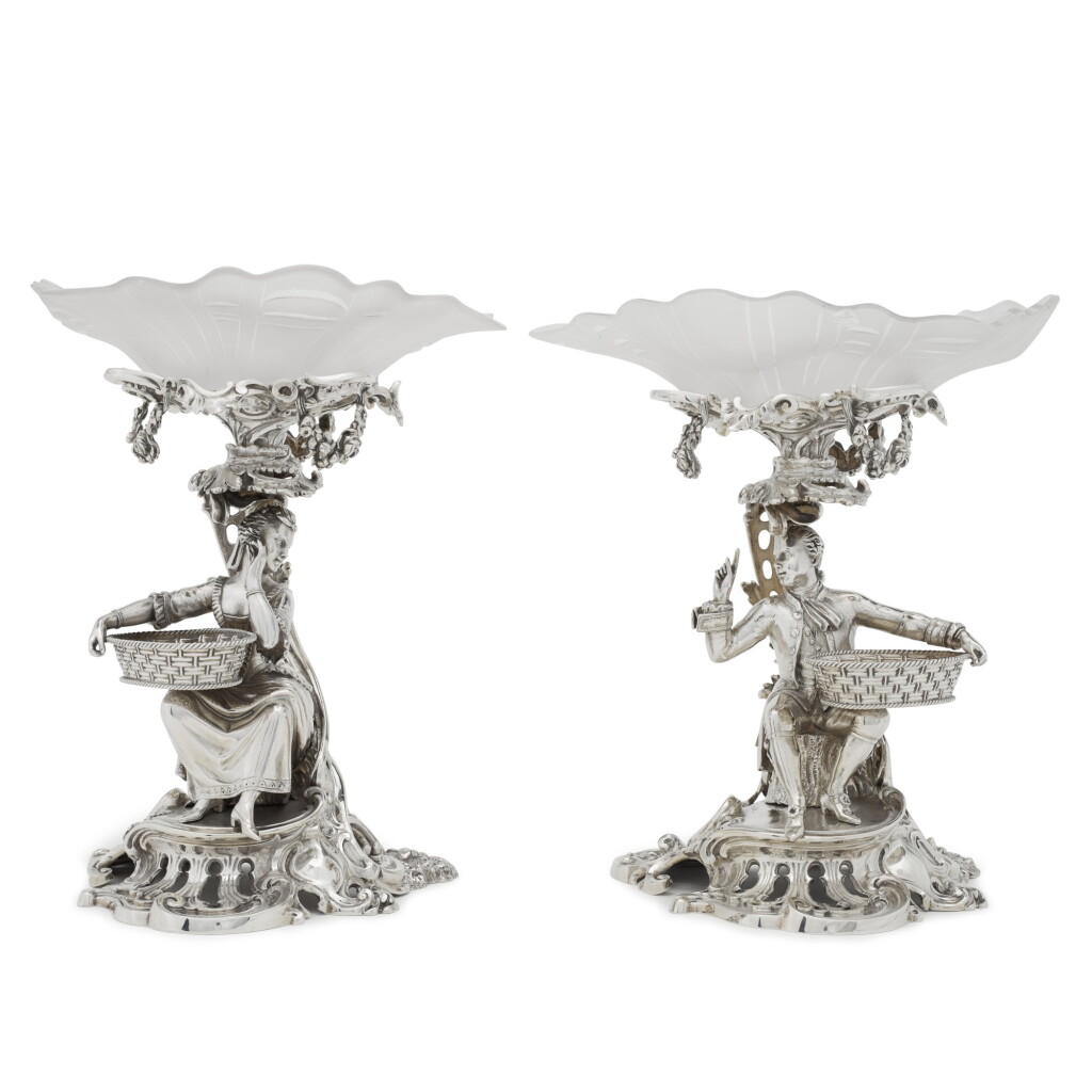 View full screen - View 1 of Lot 39. A pair of Victorian silver and glass standing bowls, Edward & John Barnard, London 1865.