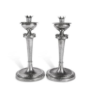 View full screen - View 1 of Lot 593. A Pair of Italian Silver Table Candlesticks, Francesco Ossani, Rome, Circa 1810.