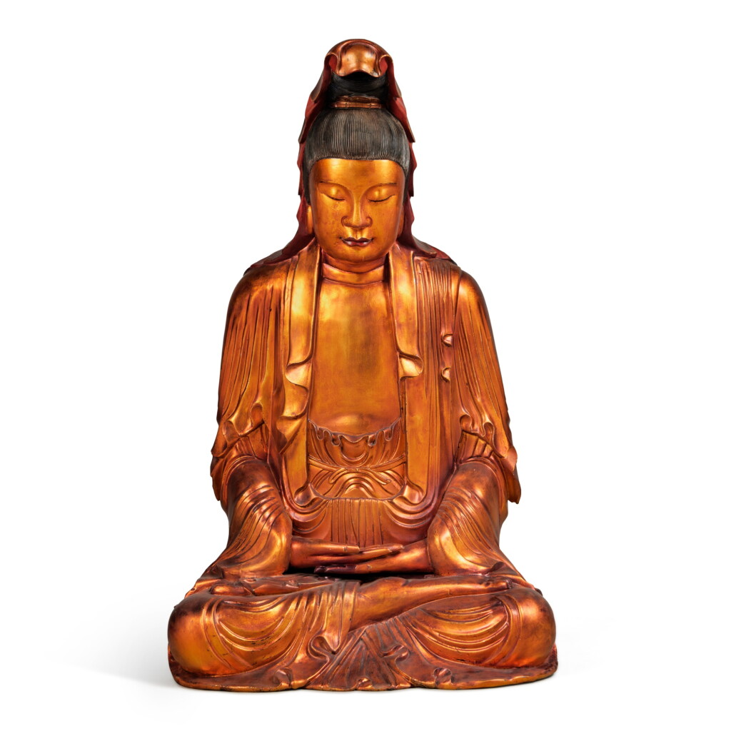 View full screen - View 1 of Lot 190. A large gilt-lacquered wood seated figure of Guanyin, Late Qing dynasty.