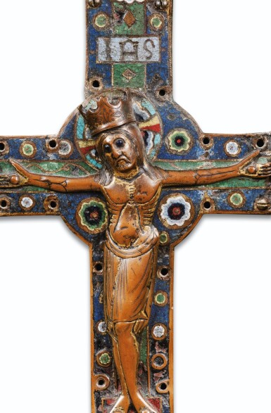 View full screen - View 1 of Lot 3. FRENCH, LIMOGES, 13TH CENTURY | A CHAMPLEVÉ ENAMEL CRUCIFIX .