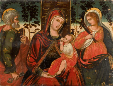View full screen - View 1 of Lot 117. GREEK MASTER, ACTIVE IN VENICE, SECOND QUARTER OF THE 16TH CENTURY | Madonna and Child with Saints Peter and Apollonia.