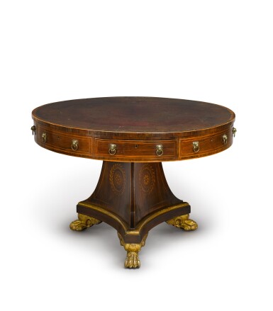 View full screen - View 1 of Lot 58. A Regency parcel-gilt rosewood and marquetry library drum table, circa 1815.