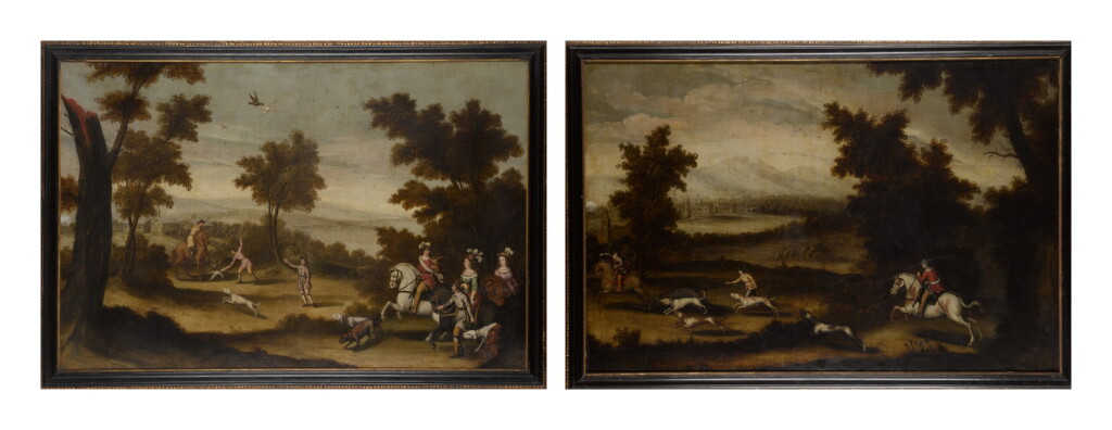 View full screen - View 1 of Lot 138. HISPANO-FLEMISH SCHOOL, 17TH CENTURY | A hawking party in a wooded river landscape; A boar hunt in a wooded landscape.