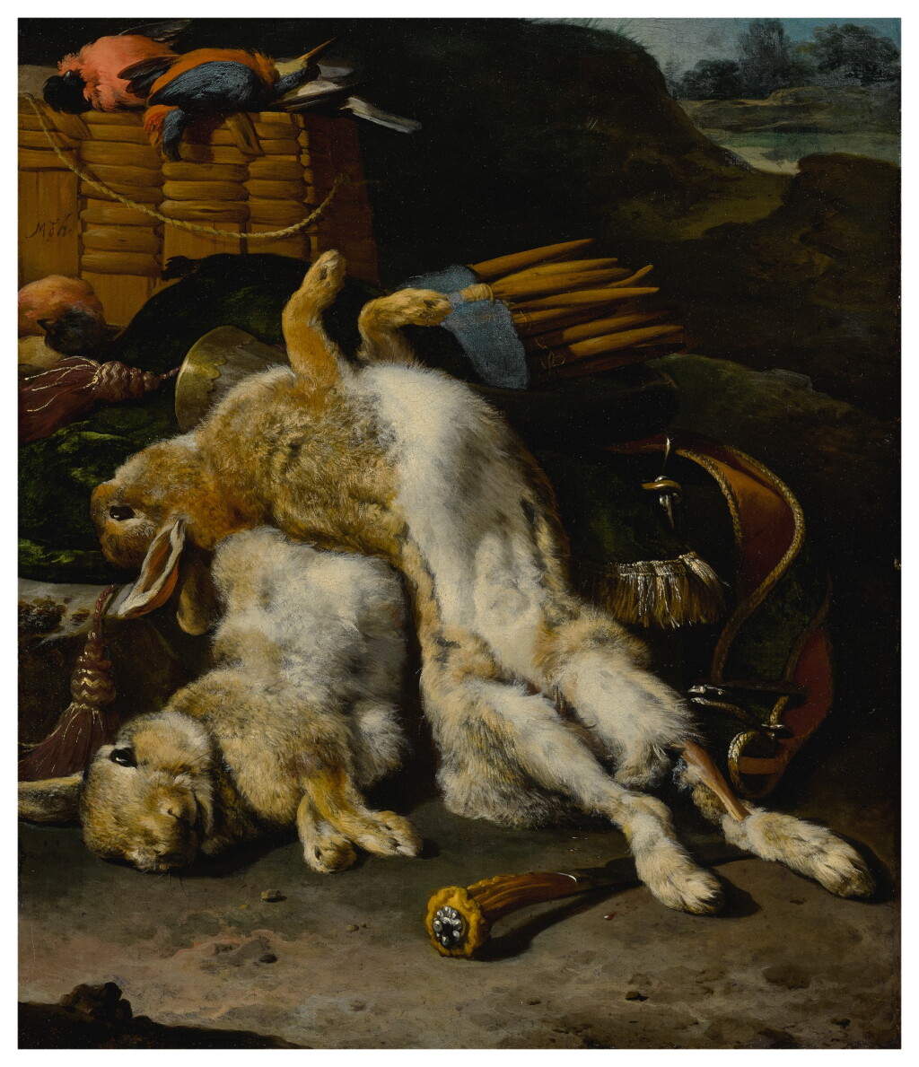 View full screen - View 1 of Lot 602. A brace of rabbits and small birds with hunting equipment in a landscape.