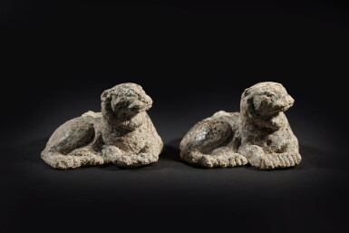 View full screen - View 1 of Lot 74. A pair of archaic bronze 'tiger' mat weights, Han dynasty.
