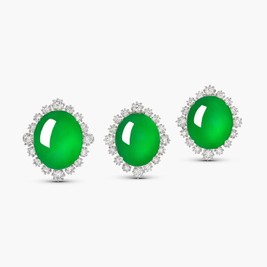 View full screen - View 1 of Lot 1719. Jadeite and Diamond Demi-Parure | 天然「緬甸」翡翠 配 鑽石 戒指 及 耳環套裝.