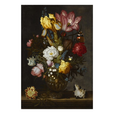 View full screen - View 1 of Lot 38. A still life of white and red roses, a tulip, anemones, a hyacinth, a pansy, lily-of-the-valley, and other flowers in an ornamented glass vase on a hard-stone ledge, with a shell, a bluebottle and a Red Admiral butterfly.