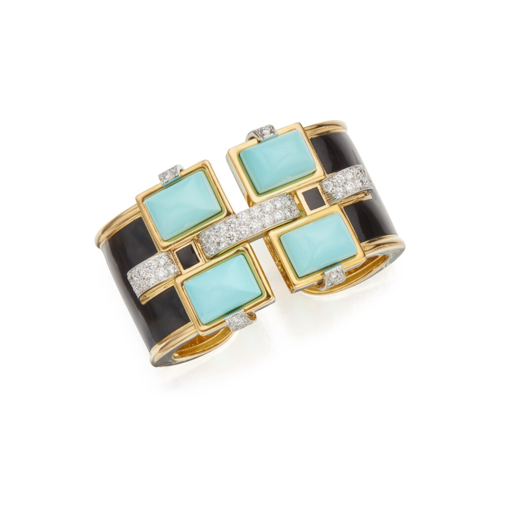 View full screen - View 1 of Lot 4. Gold, Turquoise, Diamond and Enamel 'Bastille' Cuff-Bracelet.