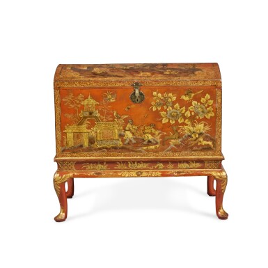 View full screen - View 1 of Lot 1036. A George II Scarlet and Gilt-Japanned Coffer-on-Stand Attributed to Giles Grendey, Circa 1735.