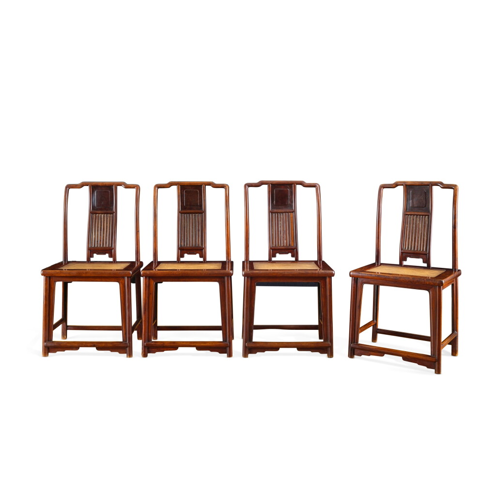 View full screen - View 1 of Lot 3676. A rare set of four huanghuali and burlwood side chairs, Qing dynasty, 18th century.