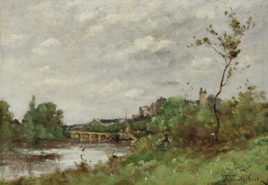 View full screen - View 1 of Lot 92. River Landscape with a Bridge and Fisherman.