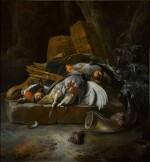 Still life with partridges, a kingfisher, bird nets and boxes