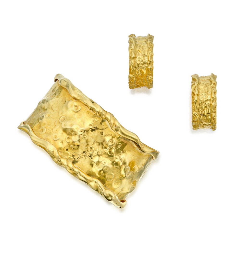 View full screen - View 1 of Lot 119. Gold Cuff-Bracelet and Pair of Earclips.