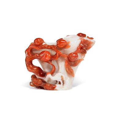 View full screen - View 1 of Lot 846. A carved white and red agate ‘peach’ vase, Qing dynasty, 19th century | 清十九世紀 瑪瑙雕壽桃紋花插.