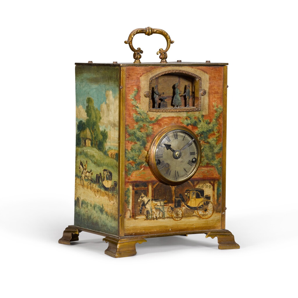 View full screen - View 1 of Lot 21. A lacquered brass and painted tôle automaton clock, English, composite.