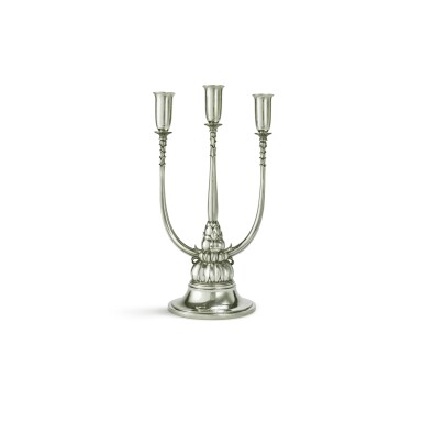 View full screen - View 1 of Lot 22. A DANISH SILVER THREE-LIGHT CANDELABRUM, NO. 595, DESIGNED BY HARALD NIELSEN, GEORG JENSEN SILVERSMITHY, COPENHAGEN, CIRCA 1930S.