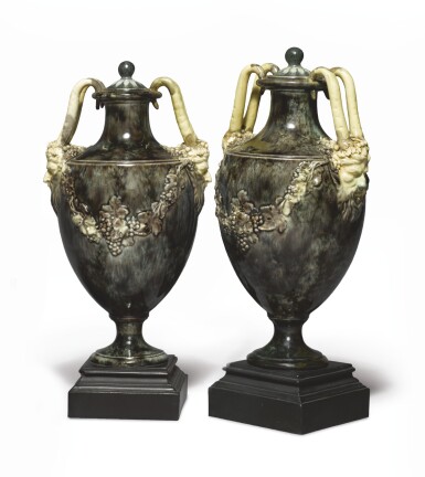 View full screen - View 1 of Lot 61. A PAIR OF WEDGWOOD AND BENTLEY CREAMWARE 'PORPHYRY' TWO-HANDLED VASES AND COVERS CIRCA 1768-80 .