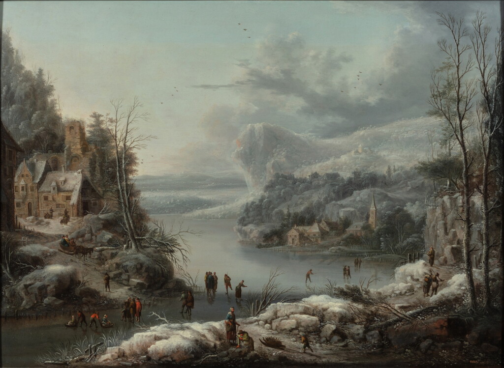 View full screen - View 1 of Lot 22. Winter landscape with skaters on a frozen lake | Paysage aux patineurs sur un lac gelé.