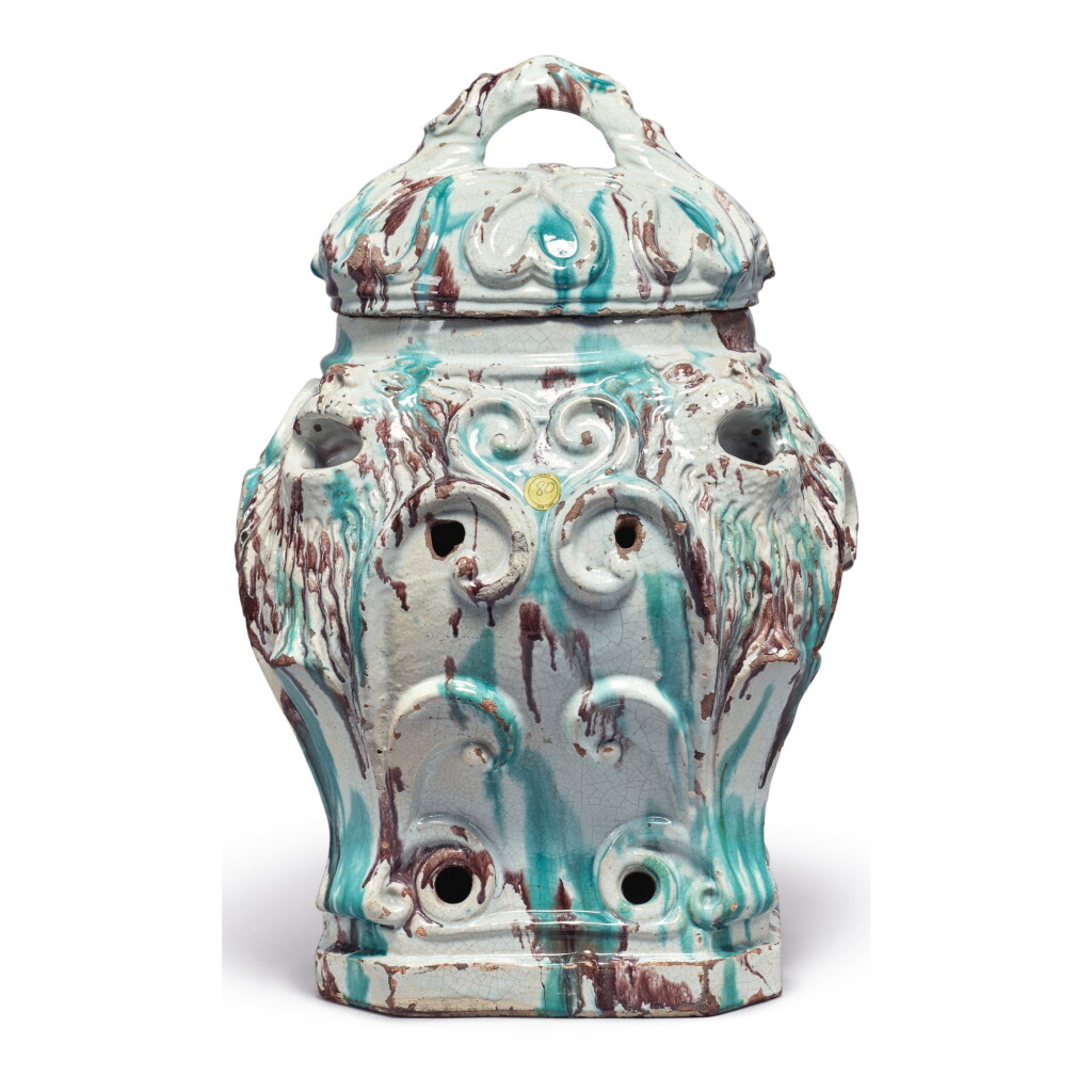 View full screen - View 1 of Lot 807. A CONTINENTAL FAIENCE PORTABLE STOVE AND COVER, LATE 18TH/19TH CENTURY .