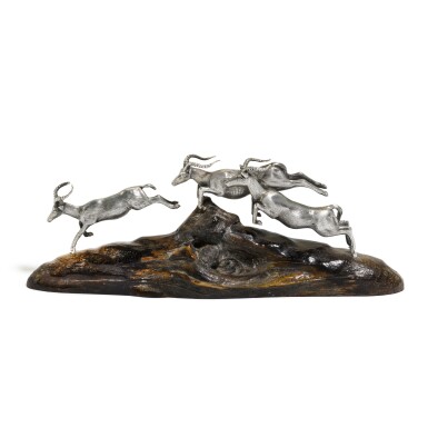 View full screen - View 1 of Lot 29. A silver and wood model of leaping impala, Patrick Mavros, Zimbabwe, 20th century.