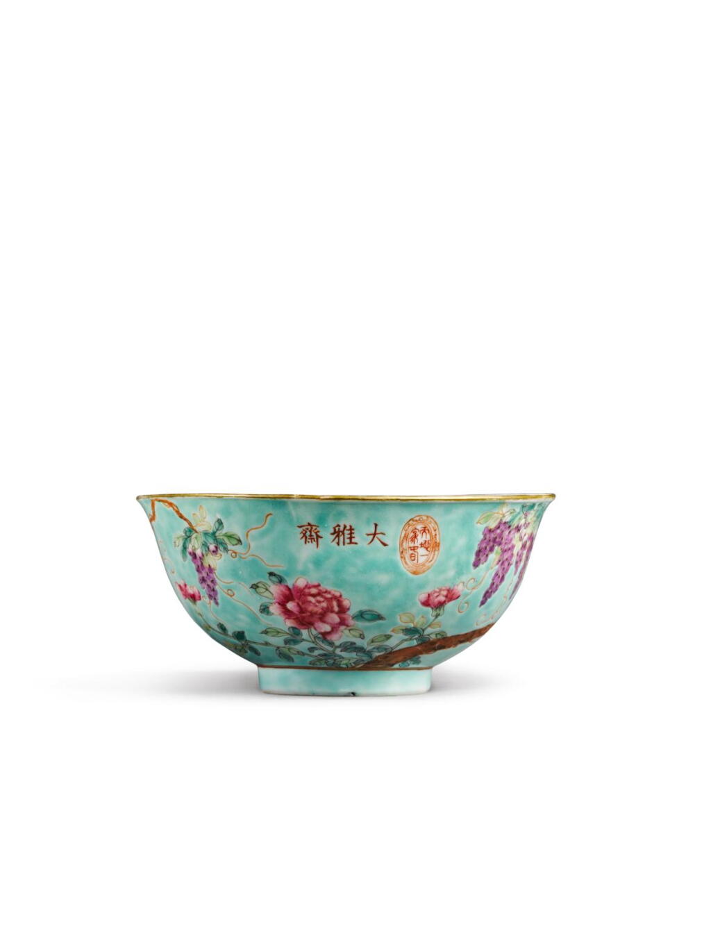 View full screen - View 1 of Lot 61. A turquoise-ground famille-rose 'hwamei and flowers' bowls, Republic period | 民國 松石綠地粉彩藤夢花鳥紋盌.