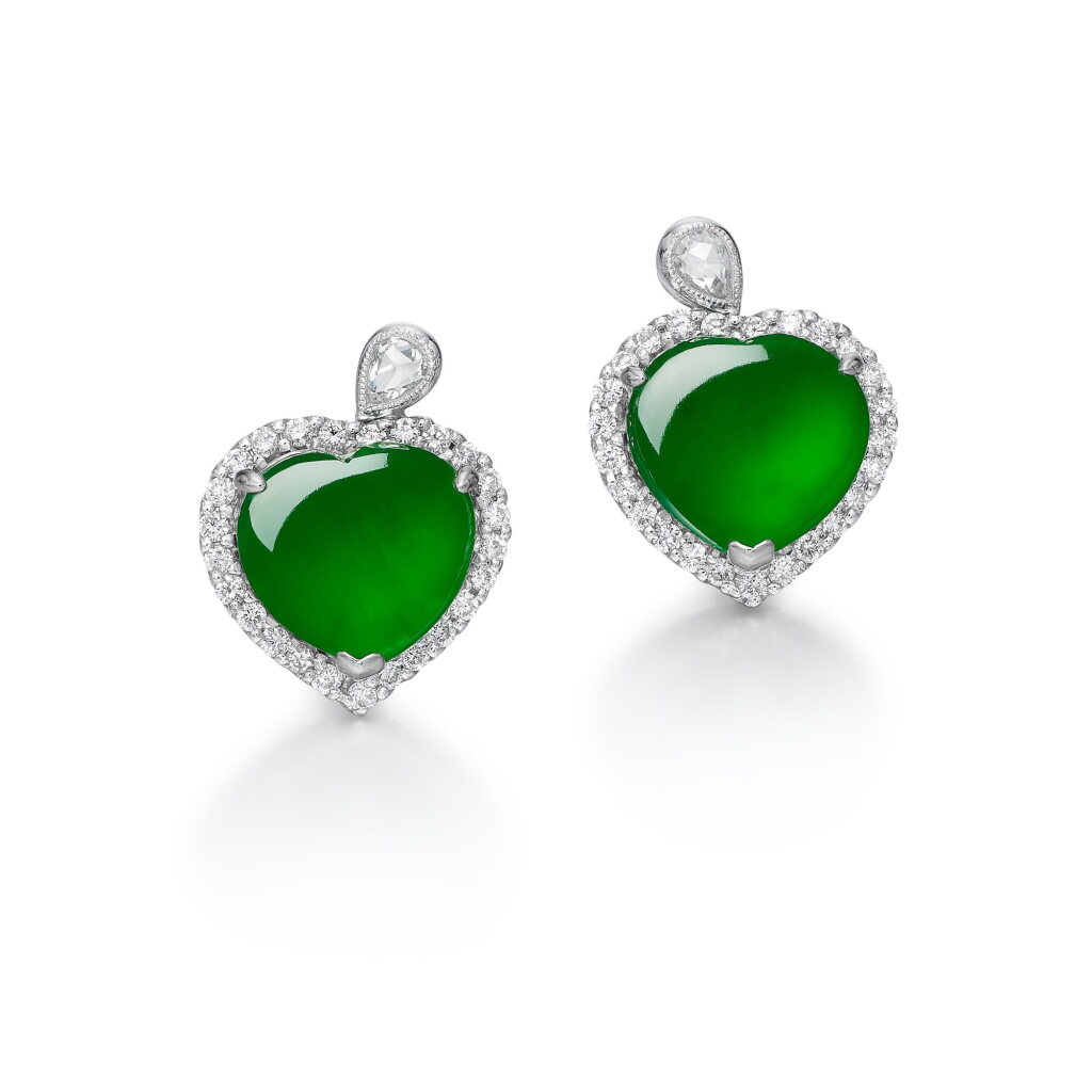 View full screen - View 1 of Lot 228. Pair of Jadeite and Diamond Earrings | 天然翡翠 配 鑽石 耳環一對.