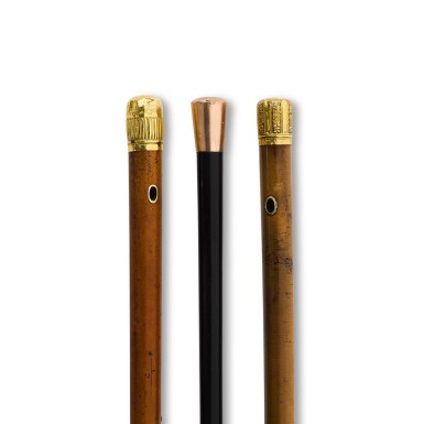 View full screen - View 1 of Lot 108. Three gold-mounted walking canes, English, 1776 and later.