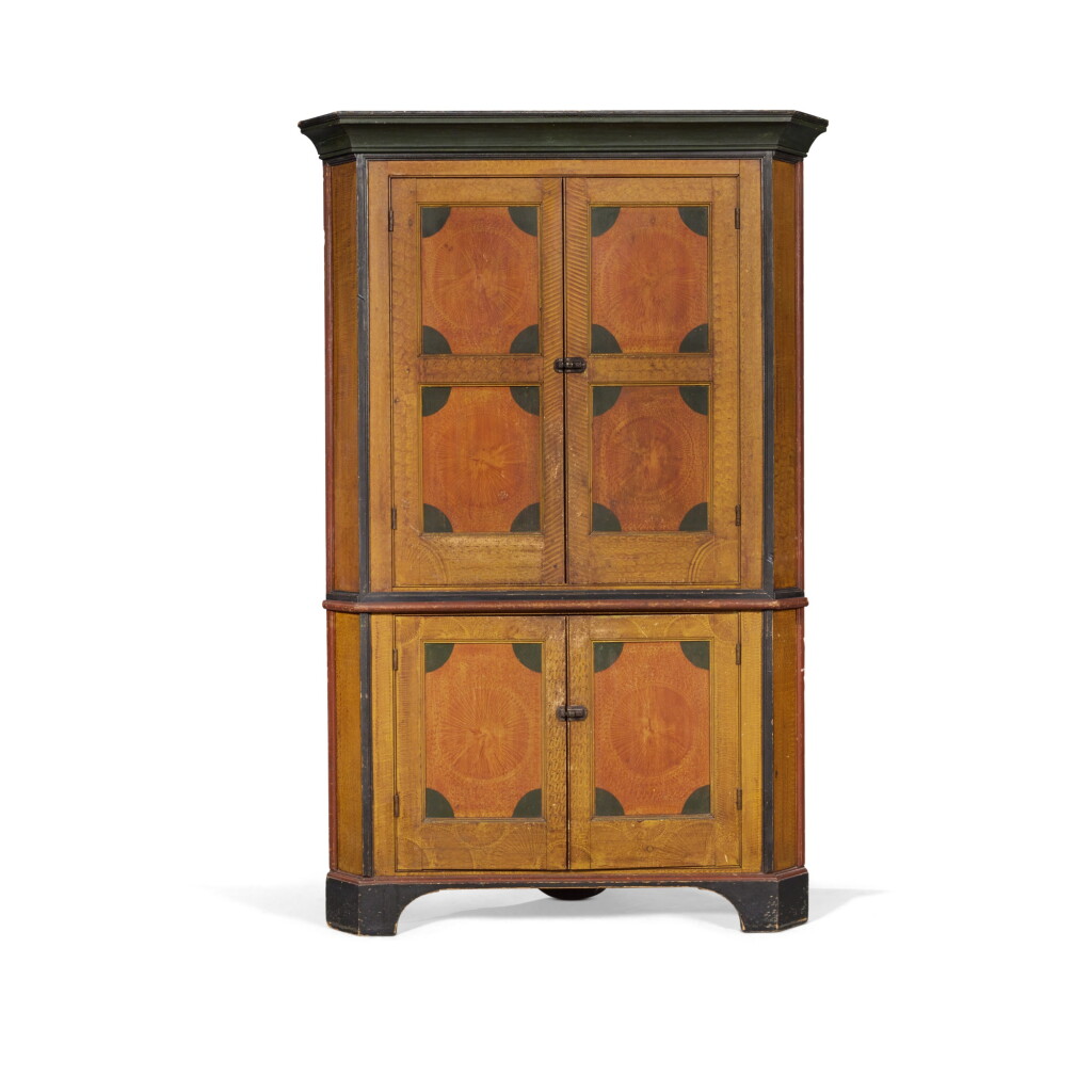 View full screen - View 1 of Lot 72. A Very Fine and Rare Federal Polychrome Paint-Decorated Corner Cupboard, Centre County, Pennsylvania, circa 1830.
