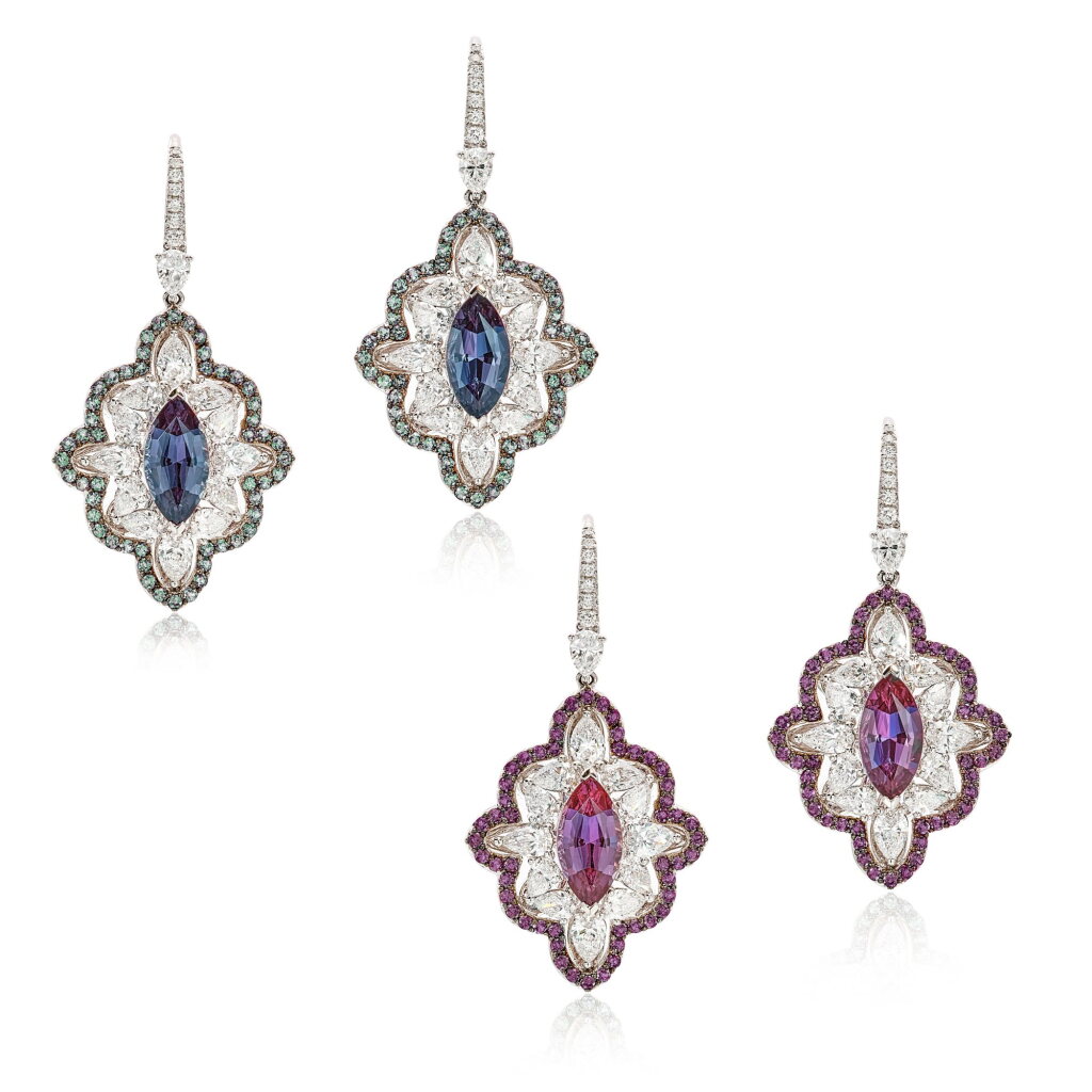 View full screen - View 1 of Lot 1904. Pair of Alexandrite and Diamond Pendent Earrings | 2.66 及 2.17克拉 天然「巴西」未經處理亞歷山大變色石 配 鑽石 耳墜一對.