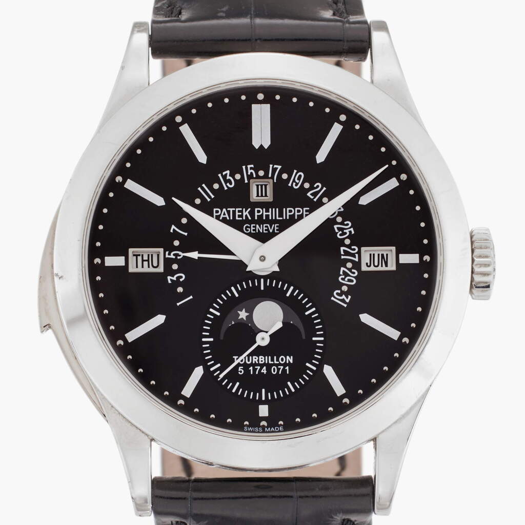View full screen - View 1 of Lot 17. Reference 5216P | Retailed by Tiffany & Co.: A unique platinum minute repeating perpetual calendar tourbillon wristwatch with retrograde date, moon phases, and leap year indication, Circa 2015 .