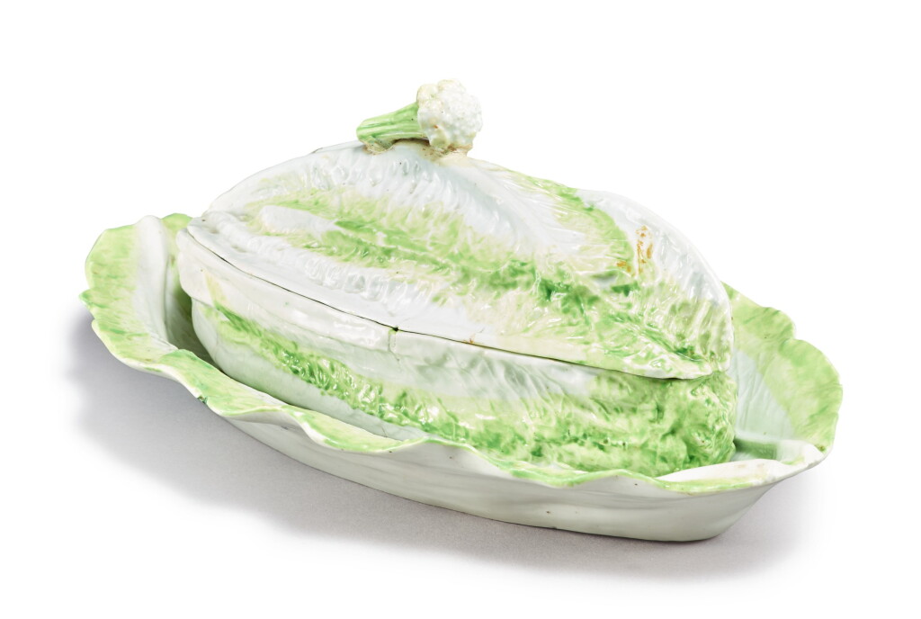 View full screen - View 1 of Lot 225. A LONGTON HALL COS LETTUCE TUREEN, COVER AND A STAND, CIRCA 1755.