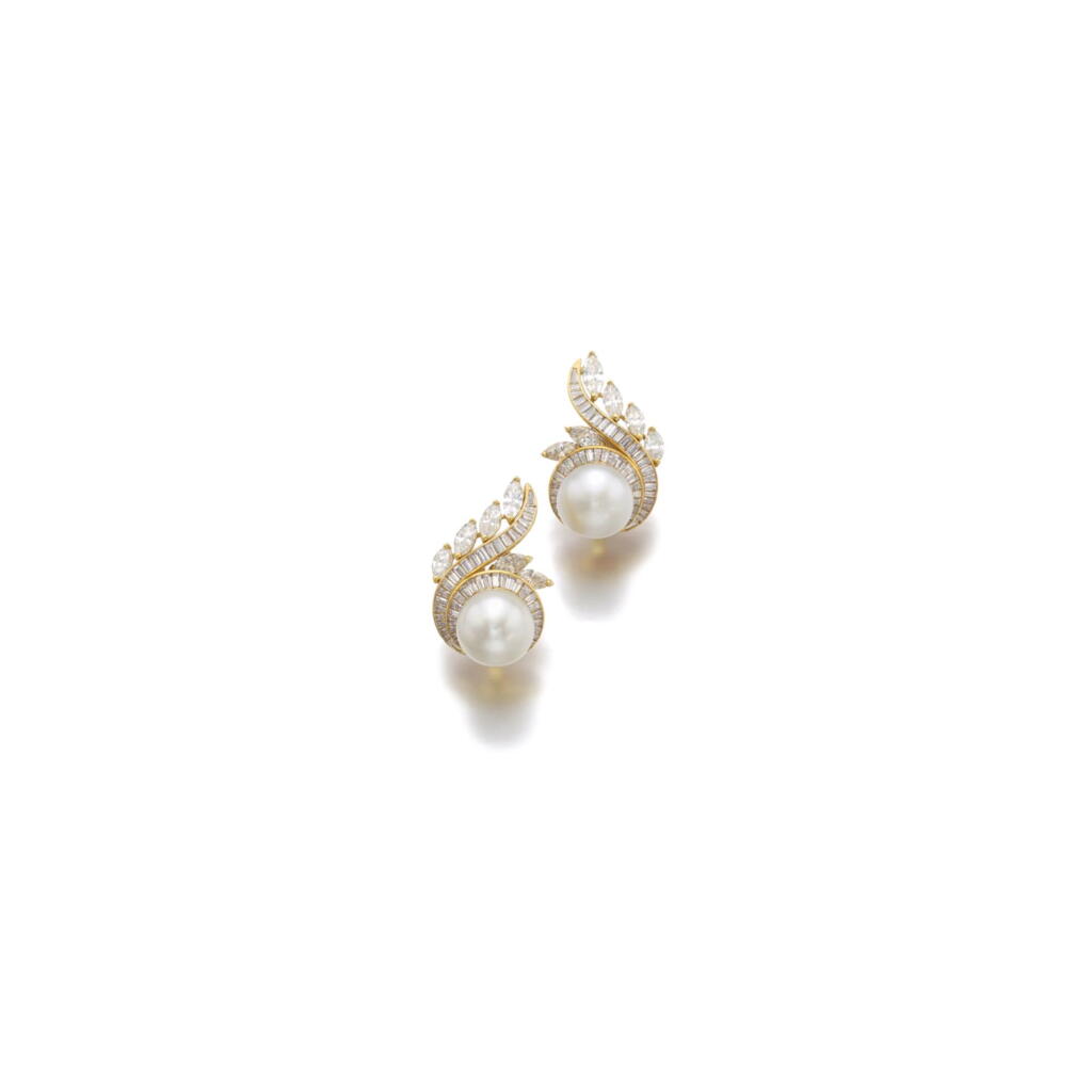View full screen - View 1 of Lot 10. PAIR OF CULTURED PEARL AND DIAMOND EAR CLIPS.