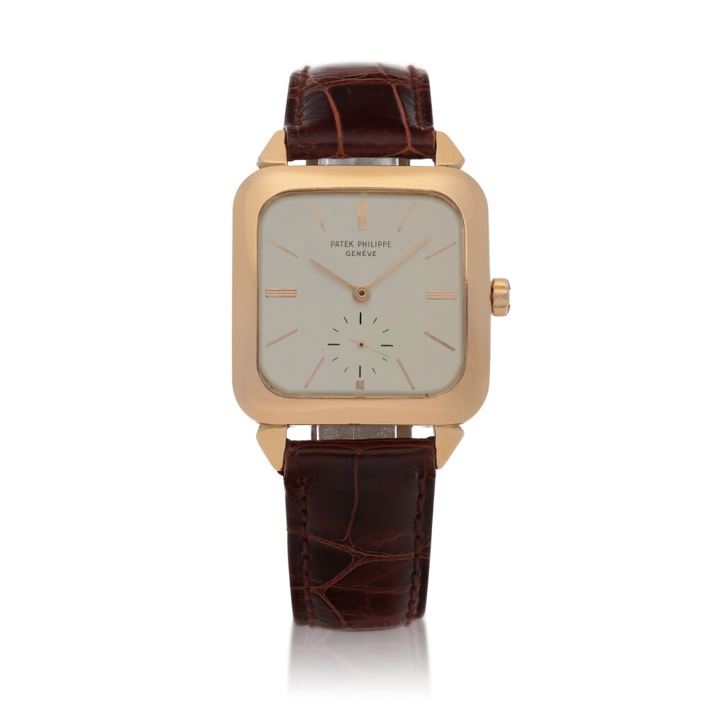 View full screen - View 1 of Lot 80. Ref. 2540 Pink gold automatic square form wristwatch Circa 1955 | 百達翡麗 2540型號粉紅金自動上鏈腕錶,年份約1955.