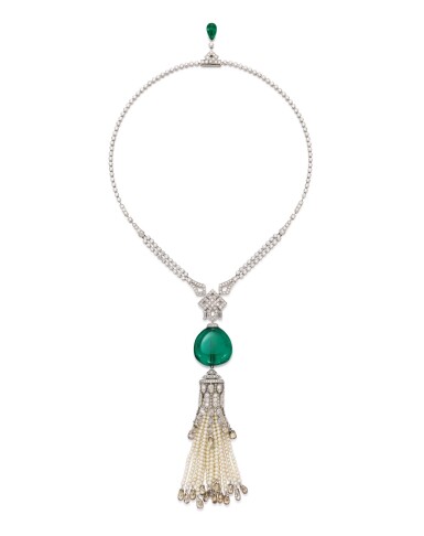 View full screen - View 1 of Lot 1737. Cartier | Emerald, Seed Pearl and Diamond Pendent Necklace | 卡地亞 | 42.09克拉「哥倫比亞」祖母綠 配 珍珠 及 鑽石 項鏈.