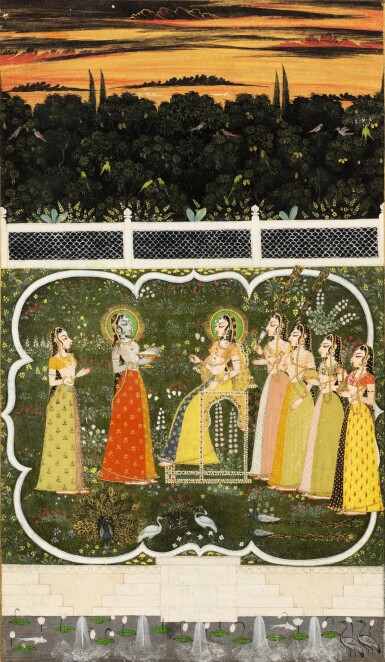 View full screen - View 1 of Lot 10. Indian Miniature Illustrating an Evening Scene, Kishangarh, Late 19th Century.